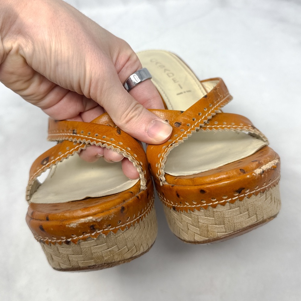 CASADEI Vintage Y2K Ostrich Leather Chunky Platform Wedge Sandal Heels Brown 7 - Picture 4 of 12